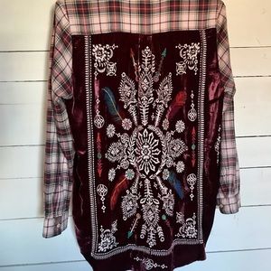 Johnny Was velvet back stunning, embroidered button down shirt.